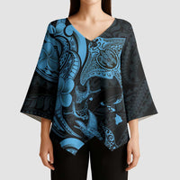 Hawaiian Manta Rays Kimono Sleeve Blouse Tribal Hibiscus Polynesian Tattoos Blue Color - Polynesian Pride