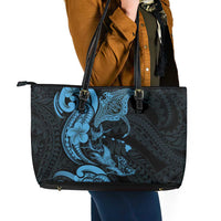 Hawaiian Manta Rays Leather Tote Bag Tribal Hibiscus Polynesian Tattoos Blue Color - Polynesian Pride