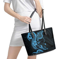 Hawaiian Manta Rays Leather Tote Bag Tribal Hibiscus Polynesian Tattoos Blue Color - Polynesian Pride