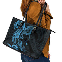 Hawaiian Manta Rays Leather Tote Bag Tribal Hibiscus Polynesian Tattoos Blue Color - Polynesian Pride