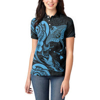 Hawaiian Manta Rays Women Polo Shirt Tribal Hibiscus Polynesian Tattoos Blue Color LT03 - Polynesian Pride