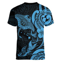 Hawaiian Manta Rays Women V-Neck T-Shirt Tribal Hibiscus Polynesian Tattoos Blue Color LT03 - Polynesian Pride