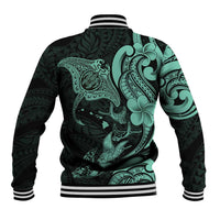 Hawaiian Manta Rays Baseball Jacket Tribal Hibiscus Polynesian Tattoos Turquoise Color - Polynesian Pride