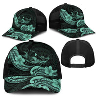 Hawaiian Manta Rays Baseball Net Cap Tribal Hibiscus Polynesian Tattoos Turquoise Color - Polynesian Pride
