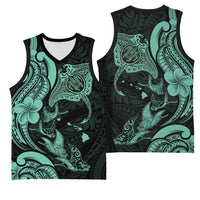 Hawaiian Manta Rays Basketball Jersey Tribal Hibiscus Polynesian Tattoos Turquoise Color - Polynesian Pride