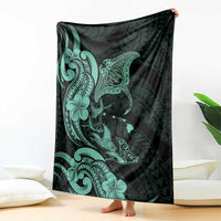 Hawaiian Manta Rays Blanket Tribal Hibiscus Polynesian Tattoos Turquoise Color - Polynesian Pride