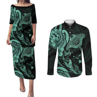 Hawaiian Manta Rays Couples Matching Puletasi and Long Sleeve Button Shirt Tribal Hibiscus Polynesian Tattoos Turquoise Color LT03 Turquoise - Polynesian Pride