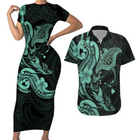 Hawaiian Manta Rays Couples Matching Short Sleeve Bodycon Dress and Hawaiian Shirt Tribal Hibiscus Polynesian Tattoos Turquoise Color LT03 Turquoise - Polynesian Pride