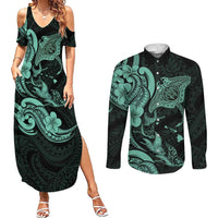 Hawaiian Manta Rays Couples Matching Summer Maxi Dress and Long Sleeve Button Shirt Tribal Hibiscus Polynesian Tattoos Turquoise Color LT03 Turquoise - Polynesian Pride