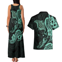 Hawaiian Manta Rays Couples Matching Tank Maxi Dress and Hawaiian Shirt Tribal Hibiscus Polynesian Tattoos Turquoise Color - Polynesian Pride