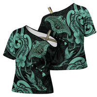 Hawaiian Manta Rays Cross Shoulder Shirt Tribal Hibiscus Polynesian Tattoos Turquoise Color - Polynesian Pride