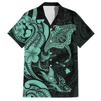 Hawaiian Manta Rays Family Matching Long Sleeve Bodycon Dress and Hawaiian Shirt Tribal Hibiscus Polynesian Tattoos Turquoise Color LT03 Dad's Shirt - Short Sleeve Turquoise - Polynesian Pride