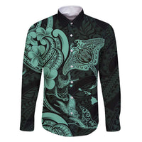 Hawaiian Manta Rays Family Matching Long Sleeve Bodycon Dress and Hawaiian Shirt Tribal Hibiscus Polynesian Tattoos Turquoise Color LT03 Dad's Shirt - Long Sleeve Turquoise - Polynesian Pride