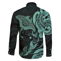 Hawaiian Manta Rays Family Matching Long Sleeve Bodycon Dress and Hawaiian Shirt Tribal Hibiscus Polynesian Tattoos Turquoise Color LT03 - Polynesian Pride