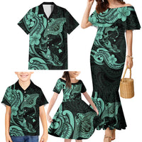 Hawaiian Manta Rays Family Matching Mermaid Dress and Hawaiian Shirt Tribal Hibiscus Polynesian Tattoos Turquoise Color LT03 - Polynesian Pride