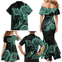 Hawaiian Manta Rays Family Matching Mermaid Dress and Hawaiian Shirt Tribal Hibiscus Polynesian Tattoos Turquoise Color - Polynesian Pride