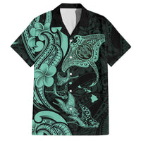 Hawaiian Manta Rays Family Matching Off The Shoulder Long Sleeve Dress and Hawaiian Shirt Tribal Hibiscus Polynesian Tattoos Turquoise Color LT03 Dad's Shirt - Short Sleeve Turquoise - Polynesian Pride