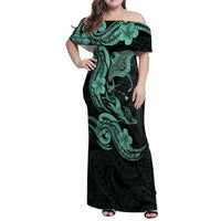 Hawaiian Manta Rays Family Matching Off Shoulder Maxi Dress and Hawaiian Shirt Tribal Hibiscus Polynesian Tattoos Turquoise Color LT03 Mom's Dress Turquoise - Polynesian Pride