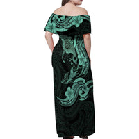 Hawaiian Manta Rays Family Matching Off Shoulder Maxi Dress and Hawaiian Shirt Tribal Hibiscus Polynesian Tattoos Turquoise Color LT03 - Polynesian Pride