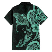 Hawaiian Manta Rays Family Matching Off Shoulder Short Dress and Hawaiian Shirt Tribal Hibiscus Polynesian Tattoos Turquoise Color LT03 - Polynesian Pride