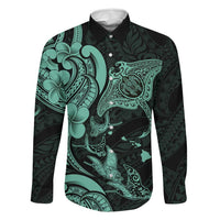 Hawaiian Manta Rays Family Matching Off Shoulder Short Dress and Hawaiian Shirt Tribal Hibiscus Polynesian Tattoos Turquoise Color LT03 Dad's Shirt - Long Sleeve Turquoise - Polynesian Pride