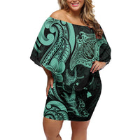 Hawaiian Manta Rays Family Matching Off Shoulder Short Dress and Hawaiian Shirt Tribal Hibiscus Polynesian Tattoos Turquoise Color LT03 Mom's Dress Turquoise - Polynesian Pride