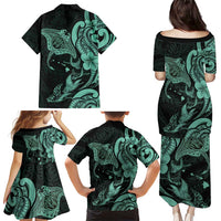 Hawaiian Manta Rays Family Matching Puletasi and Hawaiian Shirt Tribal Hibiscus Polynesian Tattoos Turquoise Color LT03 - Polynesian Pride