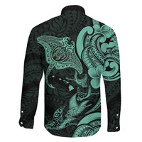 Hawaiian Manta Rays Family Matching Short Sleeve Bodycon Dress and Hawaiian Shirt Tribal Hibiscus Polynesian Tattoos Turquoise Color LT03 - Polynesian Pride