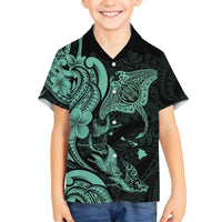 Hawaiian Manta Rays Family Matching Tank Maxi Dress and Hawaiian Shirt Tribal Hibiscus Polynesian Tattoos Turquoise Color LT03 Son's Shirt Turquoise - Polynesian Pride
