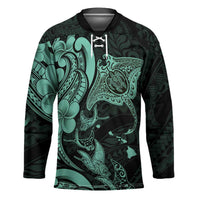 Hawaiian Manta Rays Hockey Jersey Tribal Hibiscus Polynesian Tattoos Turquoise Color LT03 Unisex Turquoise - Polynesian Pride