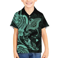 Hawaiian Manta Rays Kid Hawaiian Shirt Tribal Hibiscus Polynesian Tattoos Turquoise Color LT03 Kid Turquoise - Polynesian Pride