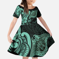 Hawaiian Manta Rays Kid Short Sleeve Dress Tribal Hibiscus Polynesian Tattoos Turquoise Color LT03 KID Turquoise - Polynesian Pride
