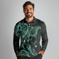 Hawaiian Manta Rays Long Sleeve Polo Shirt Tribal Hibiscus Polynesian Tattoos Turquoise Color - Polynesian Pride