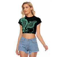 Hawaiian Manta Rays Raglan Cropped T Shirt Tribal Hibiscus Polynesian Tattoos Turquoise Color LT03 Female Turquoise - Polynesian Pride
