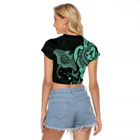 Hawaiian Manta Rays Raglan Cropped T Shirt Tribal Hibiscus Polynesian Tattoos Turquoise Color LT03 - Polynesian Pride