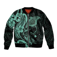 Hawaiian Manta Rays Sleeve Zip Bomber Jacket Tribal Hibiscus Polynesian Tattoos Turquoise Color - Polynesian Pride
