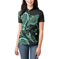 Hawaiian Manta Rays Women Polo Shirt Tribal Hibiscus Polynesian Tattoos Turquoise Color LT03 - Polynesian Pride