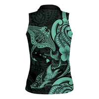 Hawaiian Manta Rays Women Sleeveless Polo Shirt Tribal Hibiscus Polynesian Tattoos Turquoise Color - Polynesian Pride