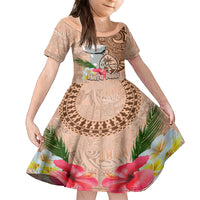 Guam Seal and Latte Stone With Ethnic Tapa Pattern Family Matching Summer Maxi Dress and Hawaiian Shirt Peach Fuzz Color LT03 Daughter's Dress Peach Fuzz - Polynesian Pride