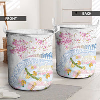 Hawaiian and Japanese Culture Together Laundry Basket Tribal Motifs with Lei and Japanese Sakura Pattern