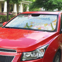 Hawaiian and Japanese Culture Together Auto Sun Shade Tribal Motifs with Lei and Japanese Sakura Pattern