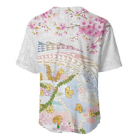 Hawaiian and Japanese Culture Together Baseball Jersey Tribal Motifs with Lei and Japanese Sakura Pattern