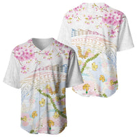Hawaiian and Japanese Culture Together Baseball Jersey Tribal Motifs with Lei and Japanese Sakura Pattern