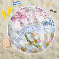 Hawaiian and Japanese Culture Together Beach Blanket Tribal Motifs with Lei and Japanese Sakura Pattern