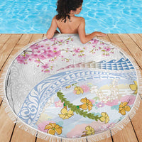 Hawaiian and Japanese Culture Together Beach Blanket Tribal Motifs with Lei and Japanese Sakura Pattern