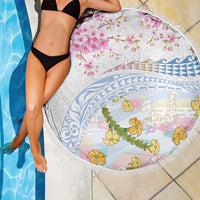 Hawaiian and Japanese Culture Together Beach Blanket Tribal Motifs with Lei and Japanese Sakura Pattern