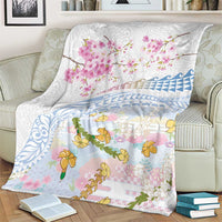 Hawaiian and Japanese Culture Together Blanket Tribal Motifs with Lei and Japanese Sakura Pattern