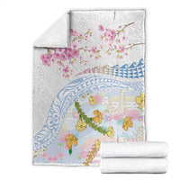 Hawaiian and Japanese Culture Together Blanket Tribal Motifs with Lei and Japanese Sakura Pattern