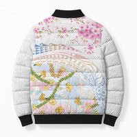Hawaiian and Japanese Culture Together Bomber Puffer Jacket Tribal Motifs with Lei and Japanese Sakura Pattern