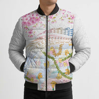 Hawaiian and Japanese Culture Together Bomber Puffer Jacket Tribal Motifs with Lei and Japanese Sakura Pattern